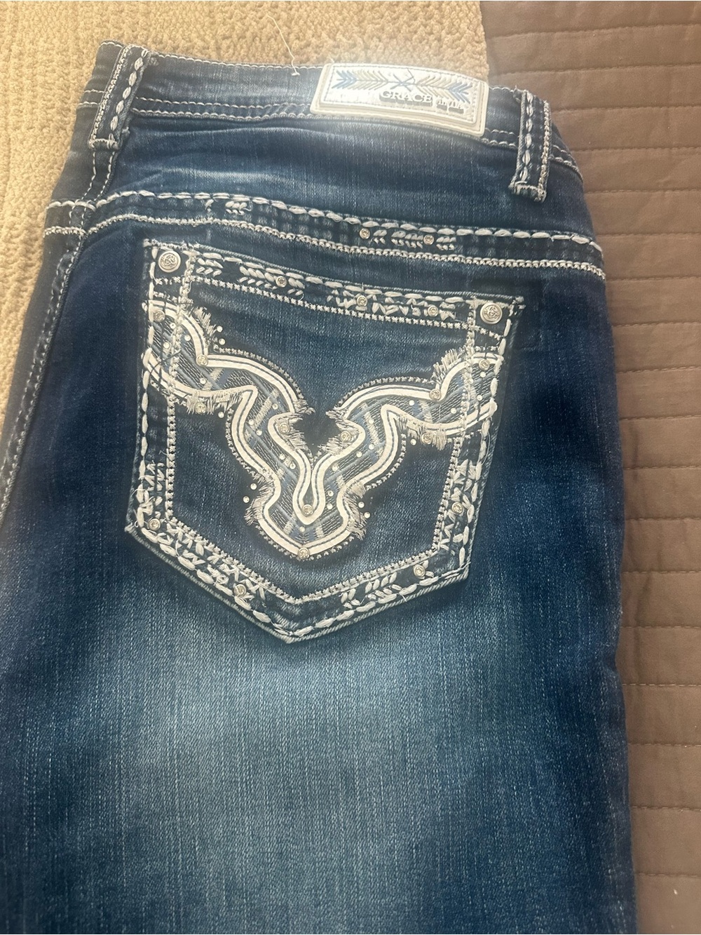 Grace in LA Women's Dark Blue Jeans with White Embroidered Back Pocket